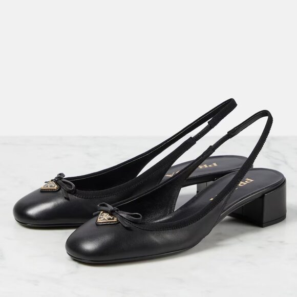 PRADA Triangle Logo Bow Leather Slingback Ballerina Pumps Heels Sandals - Picture 4 of 16